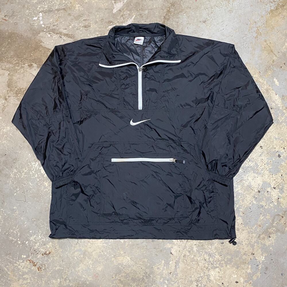 Vintage 90s Nike Center Swoosh Black Anorak Windbreaker Pullover Jacket Mens L